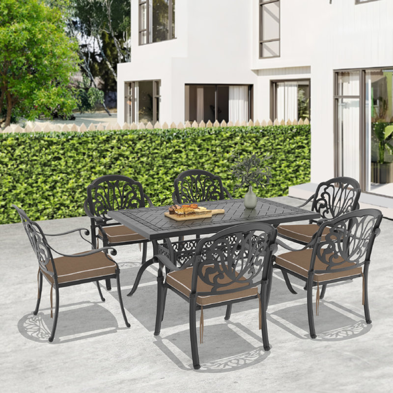 Ensemble de salle à manger d'extérieur en aluminium coulé avec coussins bruns 59,06 po x l 35,43 po, 6
