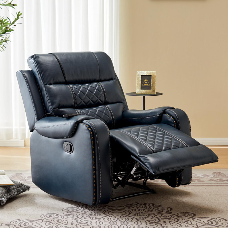 PU Leather Manual Massage and Heat Recliner Chair Single Sofa with Diamond Stitching, Blue