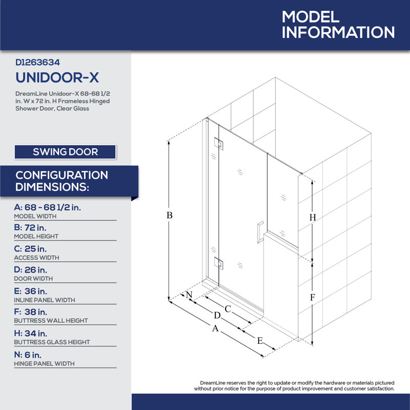 DreamLine Unidoor-X 68 - 68.5 inch W x 72 inch H Frameless Hinged Shower Door in Brushed Nickel, Brushed Nickel, 68.5"