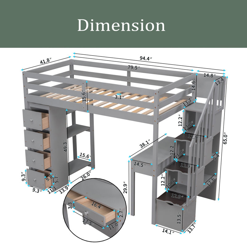 Lit mezzanine simple avec bibliothèque et bureau intégré Florene par Harriet Bee, gris