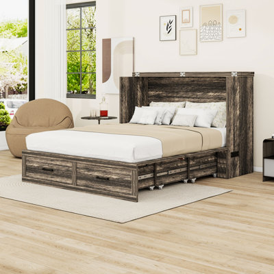Wood Murphy Bed with Built-in Charging Station and Drawer