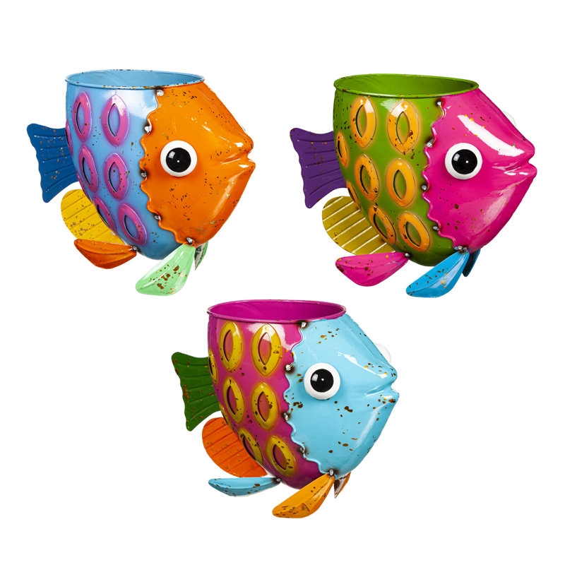 Colorful Metal Fish Indoor/Outdoor Planter Set of 3