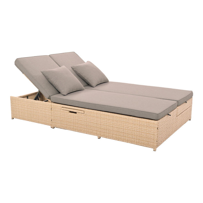 Outdoor Double Sunbed, Wicker Rattan Patio Reclining Chairs with Adjustable Backrest and Seat, Conversational Set for 2 Person
