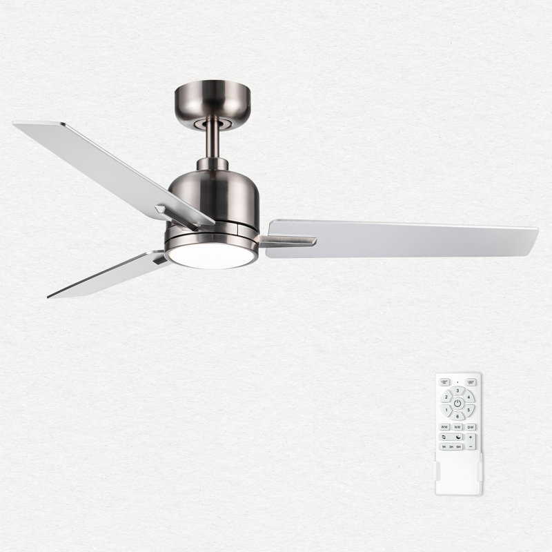 Ventilateur de plafond moderne 48 "avec lumière et 3 pales, Nickel brossé; bois jaune clair, Nickel brossé