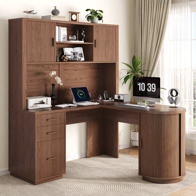 71" L-Shaped Executive Credenza Desk With Hutch And 3 Drawers, Wooden Tambour Home Office Computer Desk With File Drawer & Charging Station
