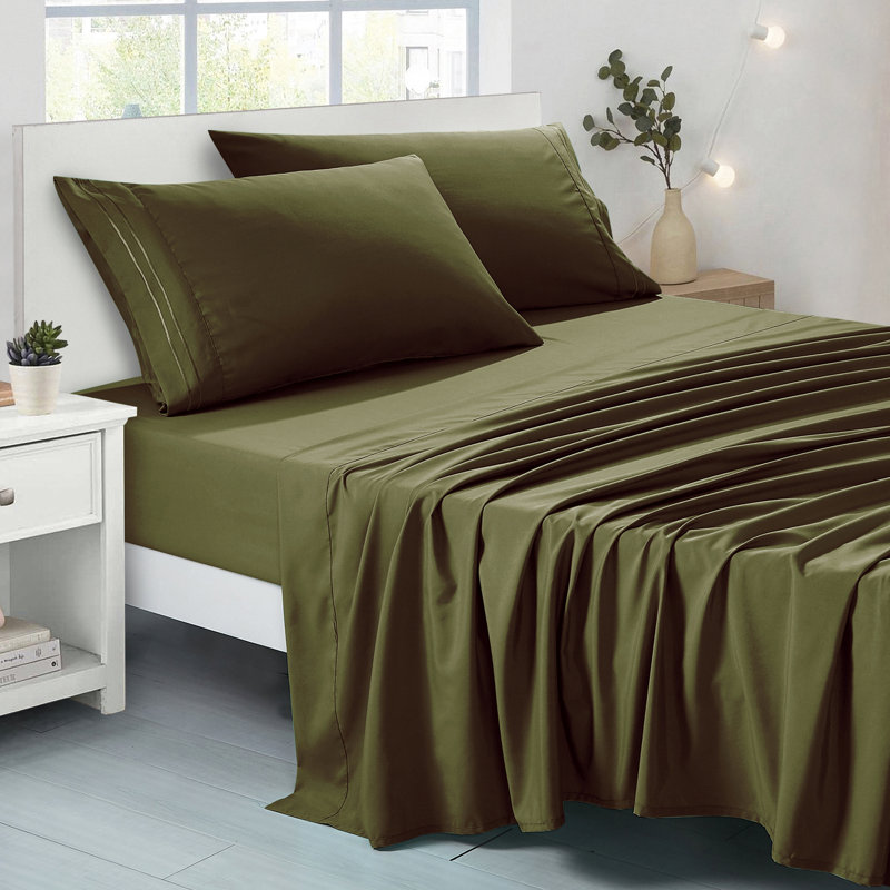 Ensemble de draps en microfibre Jcrown, Ensemble de draps pour grand lit avec 2 taies d'or, Olive