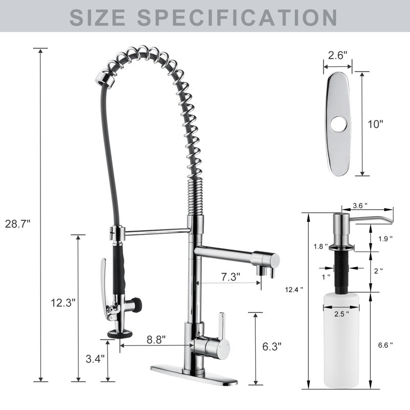 Brass Commercial Pull-Down Sprayer Kitchen Faucet 2 Handle With Locking Buckle And Soap Dispenser, Polished Chrome