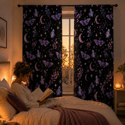 2Pcs Celestial Moth Butterfly Moon Crystal Black Curtains, Gothic Witchy Mystical Boho Wall Decor Light Filtering Window Drapes For Bedroom Living Kitchen