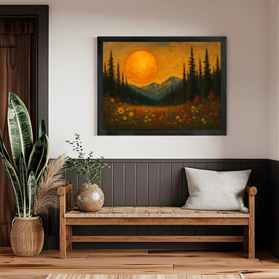 «Moonlit Pine Forest», encadré noir, pleine lune, peinture de champ de fleurs sauvages, art mural paysage nature Moody Mystical
