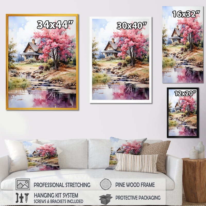 «Blossom Bungalow By The Lake 2», art mural paysage, Cadre flottant doré, H 40 po x l 30 po x P 1,5 po
