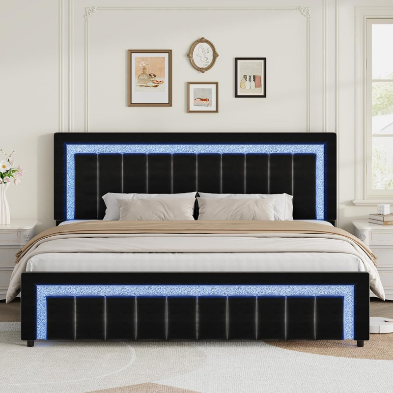 LED-lit and velvet-upholstered bed frame with a modern diamond headboard that is adjustable, Black, King