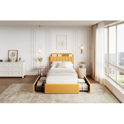 Platform Bed Frame,Kids Bed Frame with Storage Headboard, 2 Rolling Drawers, Noise Free Bedframe, No Box Spring Needed