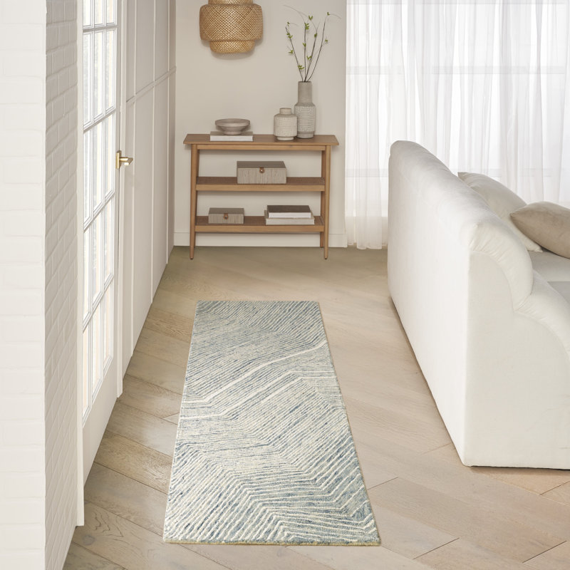 DKNY Pure Angles Ivory Blue Modern Indoor Rug, Runner 2'3" x 7'6"