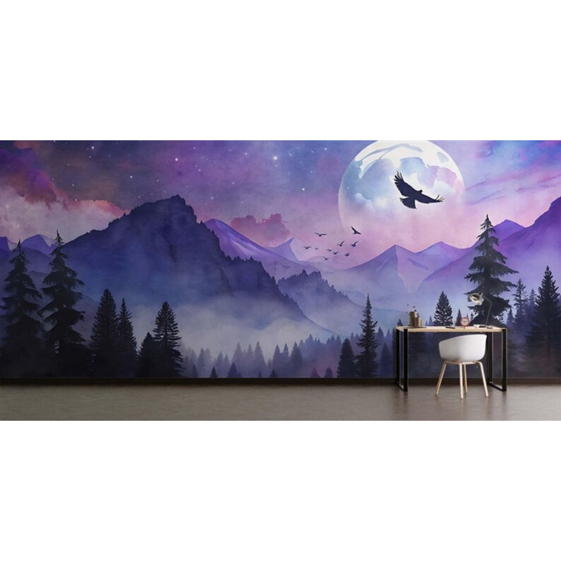 Papier peint Misty Mountain Forest Moon Night Landscape, L 108 po x l 192 po