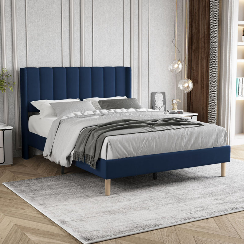 Lit plateforme tapissier, Double, Bleu