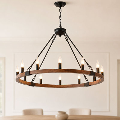 Lustre en roue de chariot 12 lumières 32 "en bois et noir mat pour salle à manger et îlot de cuisine
