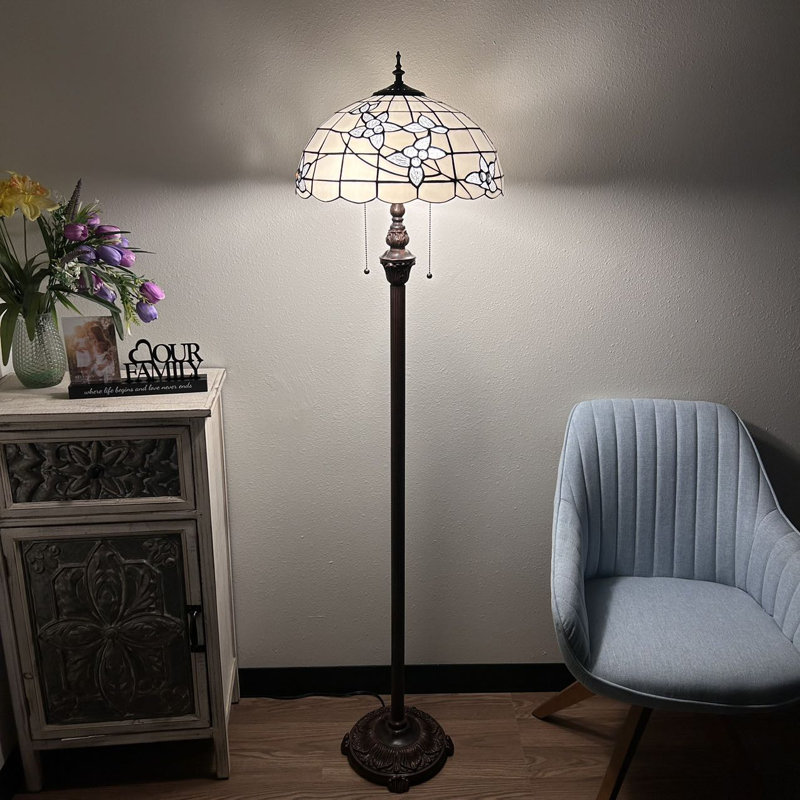 Sehnaz Tiffany Floor Lamp White Stained Glass Flowers Metal Base LED Bulbs included 16"W*16"D*64"H