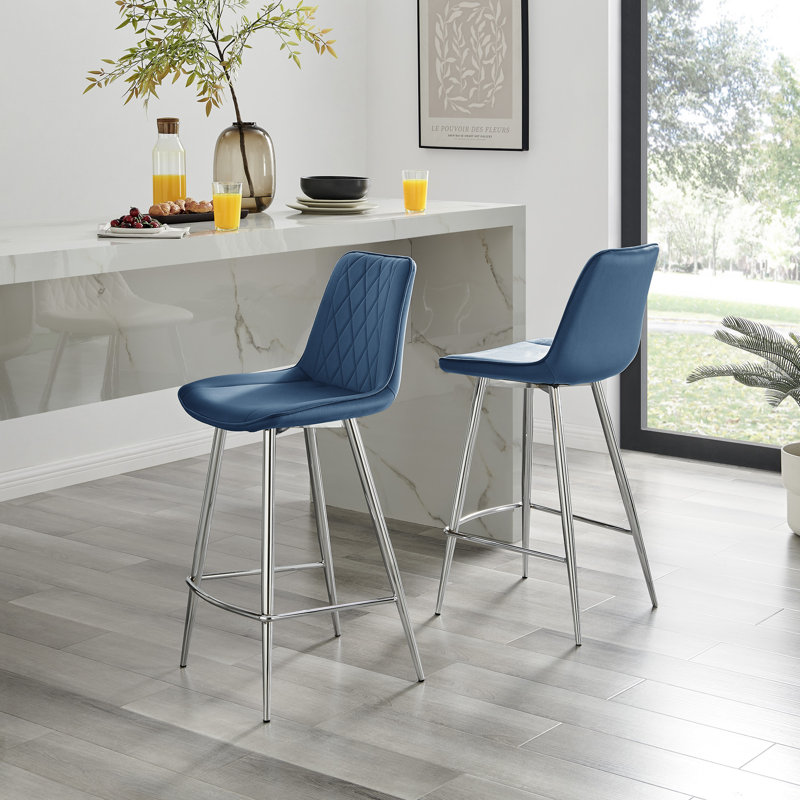 Simsbury Velvet Modern Counter Bar Stools with Tapered Metal Legs & Quilted Diamond Stitching, Silver, Navy