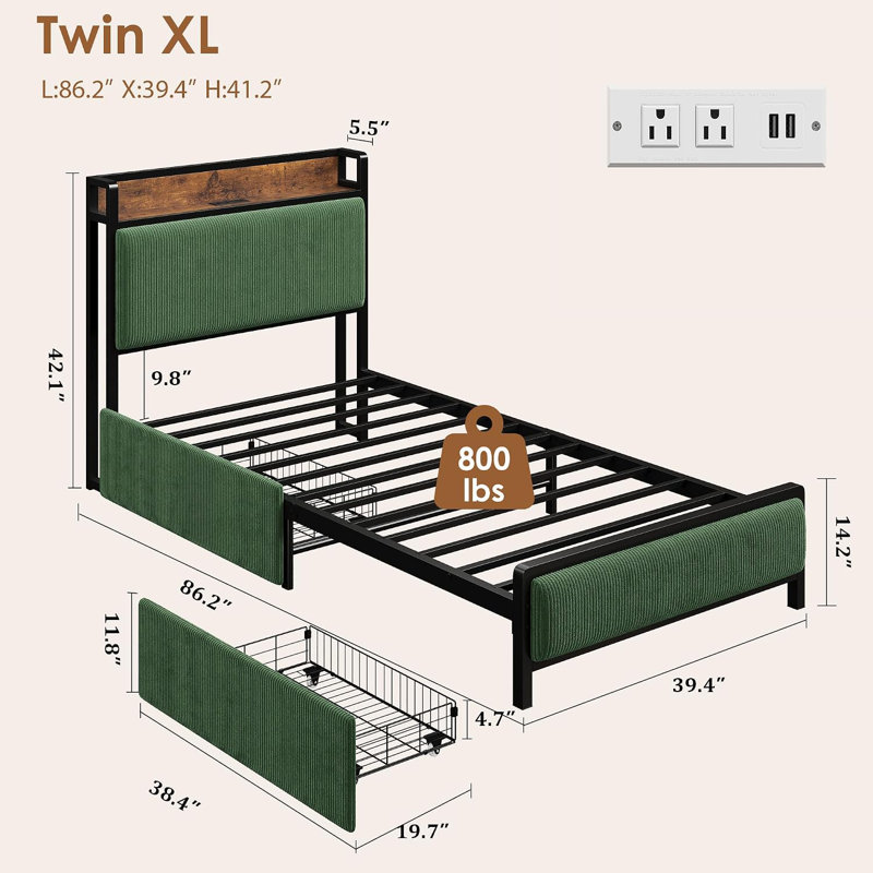 Structure de lit avec 2 tiroirs de rangement et station de charge | Tête de lit tapissier en velours côtelé, rangement sous le lit, aucun sommier requis, support à lattes en bois facile à assembler