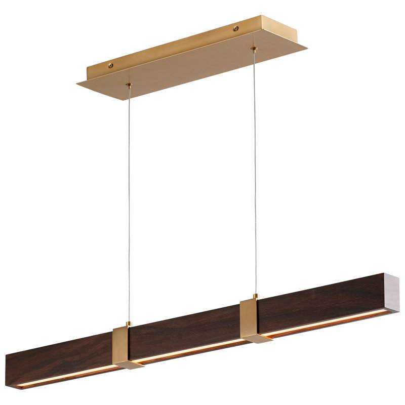 Luminaire suspendu linéaire à 1 lumière pour îlot de cuisine Nubell, Laiton vieilli, H 5,25 po x l 35,75 po x P 2,1 po, Noyer