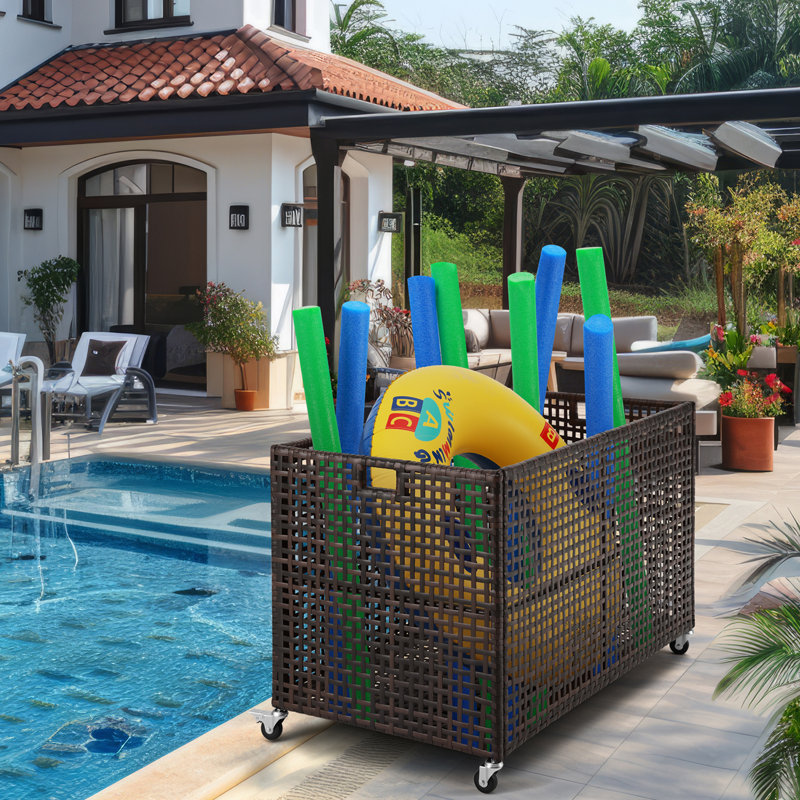 Poolside Float Storage Organizer, Pool Toy Storage Bin With Wicker Mesh Outdoor Pool Float Holder Storage Rack With Handle Rolling Pool Caddy Raft Cart For Pool Noodles Balls Floaty Equipment Brown