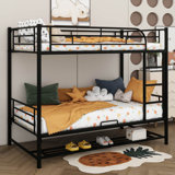 A Metal Bunk Bed With Twin Beds, Equipped With Built-In Shelves And Safety Rails