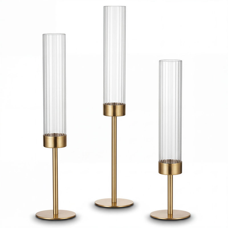 3 Piece Metal,Crystal，Glass Tabletop Hurricane Set