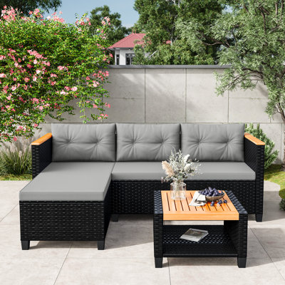 3-Piece L-Shaped Wicker Patio Set With Cushions & Table