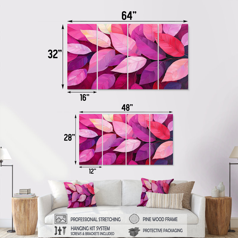 Magenta feuilles en fleurs III - feuilles, décoration murale - art mural traditionnel, H 28 po x l 48 po, 4