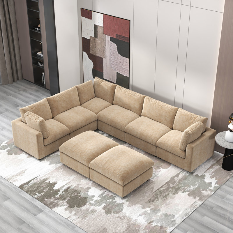Kessi 8-Piece Upholstered Modern Chenille Fabric Modular Sectional Sofa With Ottoman, Khaki Chenille