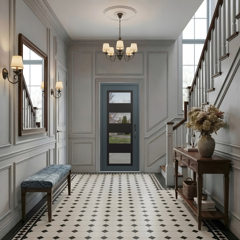 Porte d'entrée pré-suspendue à panneau en acier noir anthracite / anthracite, Clair, S'ouvre à gauche vers l'intérieur