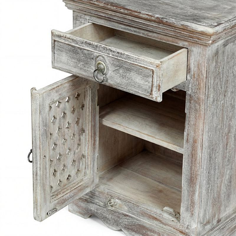 Armoire de chevet en bois de manguier blanchi avec tiroir