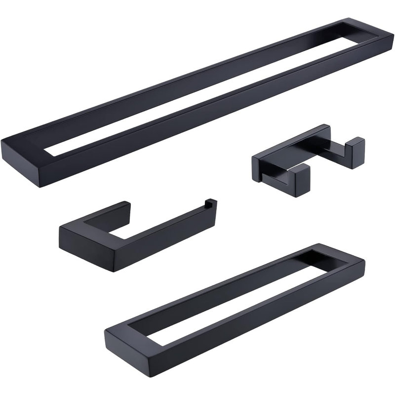 Matte Black Towel Bar Set - 4-Piece Bathroom Hardware Accessories With 304 Stainless Steel Wall Mounted Towel Rack, Black
