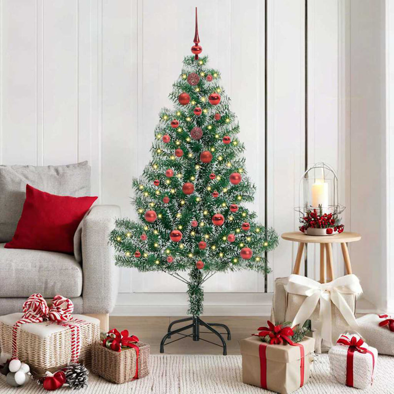 vidaXL Artificial Christmas Tree Snow Flocked with LED Light, 210 cm, with Leds & Red Balls
