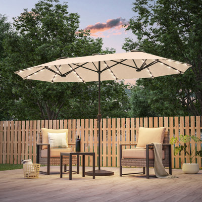 Parasol de marché à double face avec éclairage solaire 13 pi x 7,2 pi à DEL Haeli avec lumières solaires, parasol de table toutes saisons pour terrasse