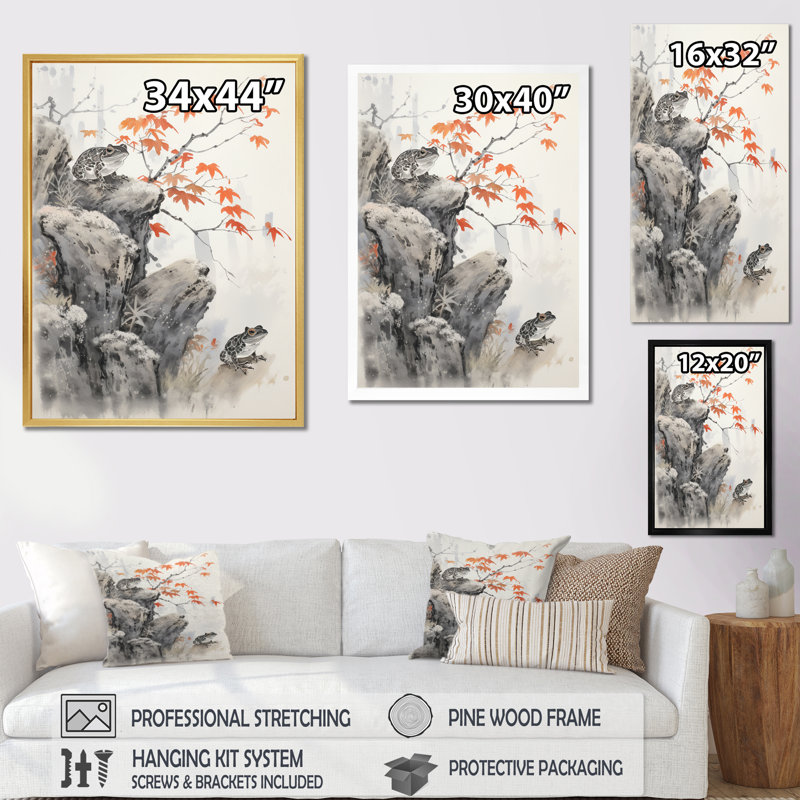 «Badrudeen Asian Art Frog Toads I», reproduction d'art sur toile, H 32 po x l 16 po x P 1 po, Cadre flottant noir