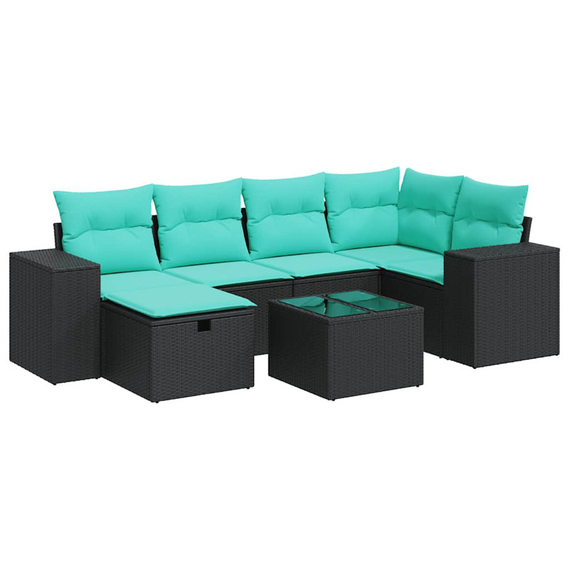 Ensemble de canapé de patio 7 pièces avec coussins en rotin de polyester, Noir, Vert