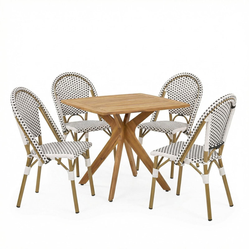 Callimont French Bistro Aluminum & Acacia Wood Patio Dining Set With Woven Rattan Chairs And Square Slatted Table