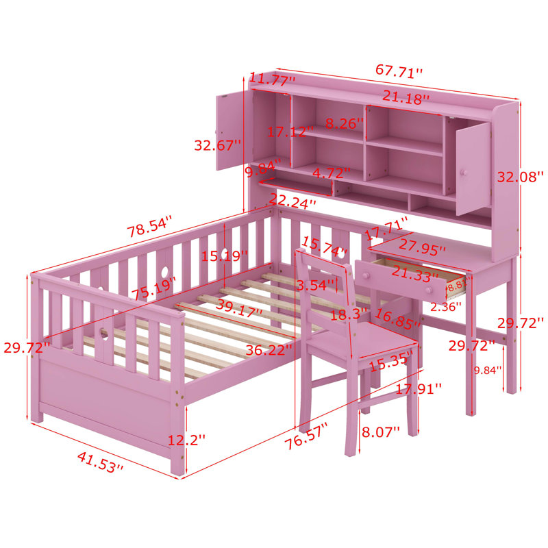 Multifunctional Wood Platform Bed With Bookshelf At The Head Of The Bed, Built-In Desk And Matching Chair, Pink
