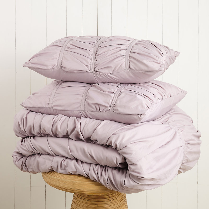 Emily Ruched Solid Textured Comforter Set, Purple, Full/Queen Comforter + 2 Shams
