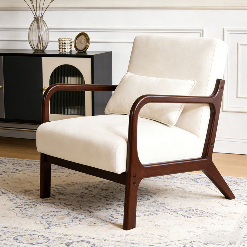 Modern Armchair, Accent Chair with Solid Wood Frame, Beige, Dark Brown