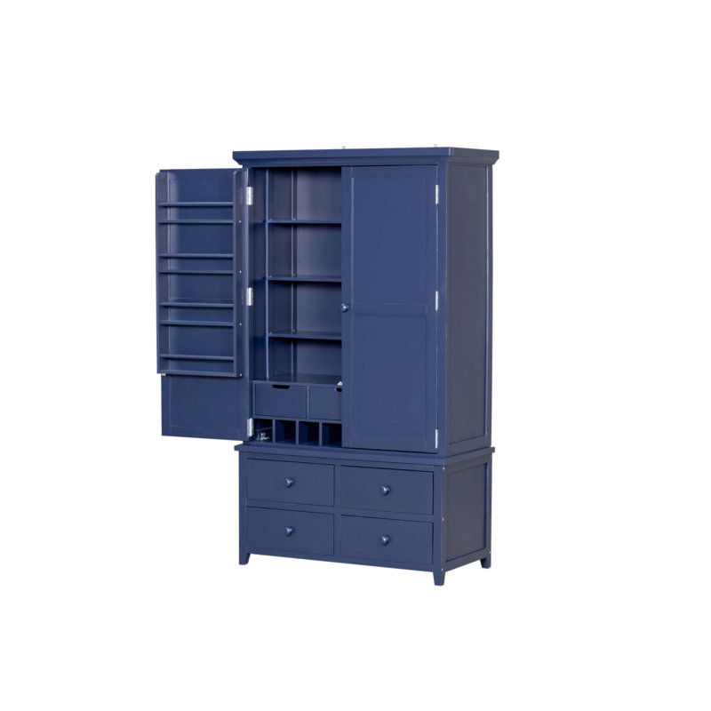 Grande armoire de rangement autoportante en bois avec 8 portes, 3 tablettes réglables, 7 tiroirs et 8 supports à vin pour une organisation efficace