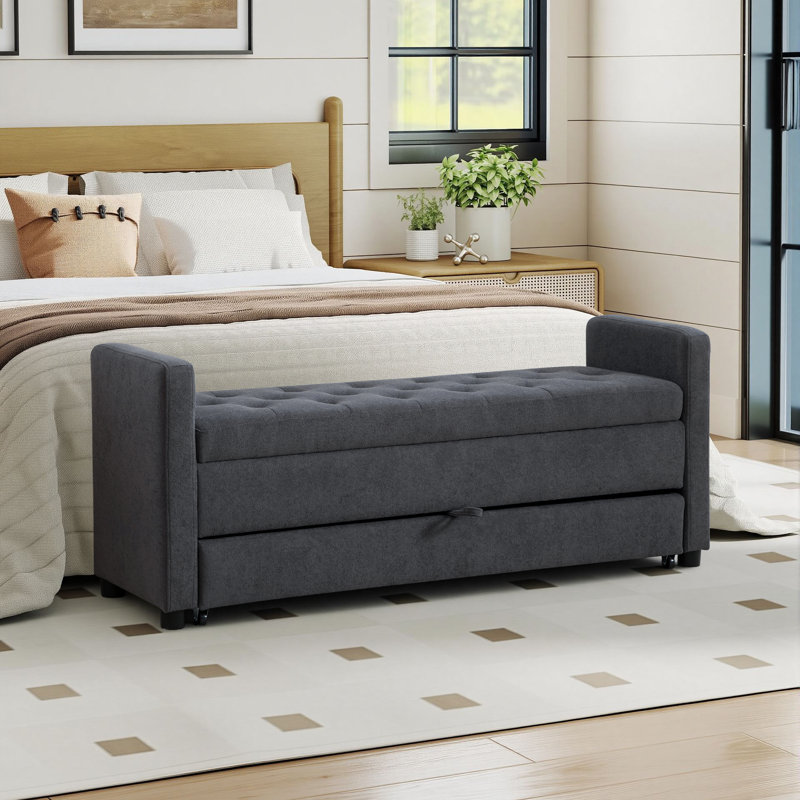 58" W Upholstered Two-Tier Storage Bench with Lift-Top & Drawer, Griege