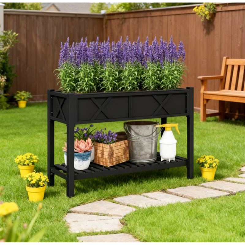 Elevated Wood Planter Box,Raised Garden Bed,With Storage Shelf,Drainage Holes,And Liner, Black
