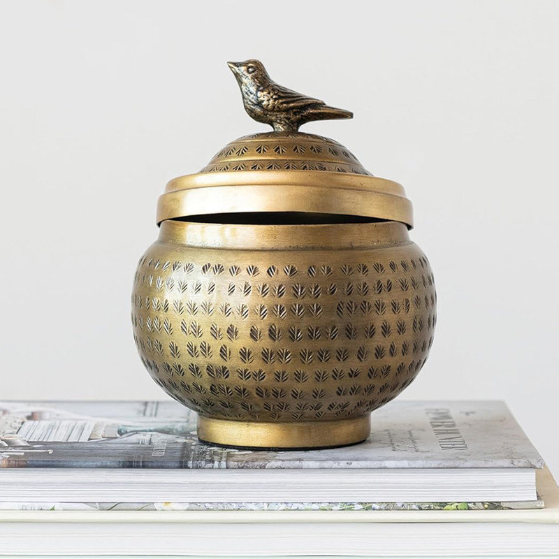 Aazon.co: Creative Co-Op Round Haered Etal Container With Bird Finial, Brass Finish