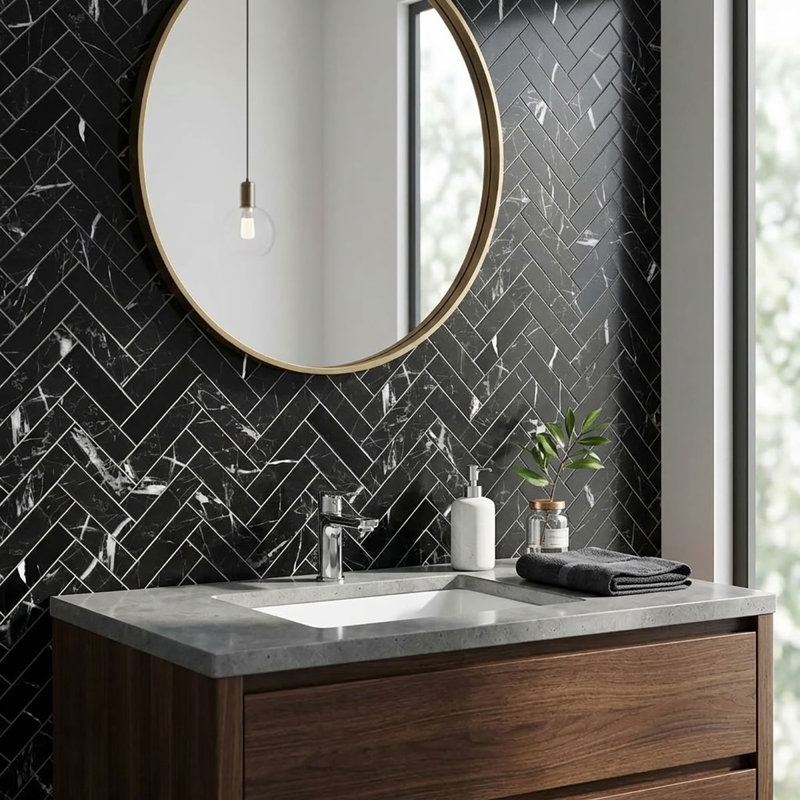 Nero Marquina Polished 1x4 Herringbone Marble Mosaic