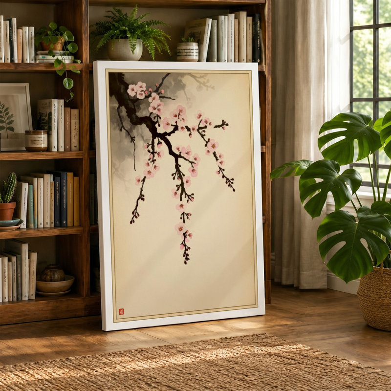 Moonlit Cherry Blossom Japandi - Wrapped Canvas, 18x12 - 45.7 x 30.5 cm, Ochre Border