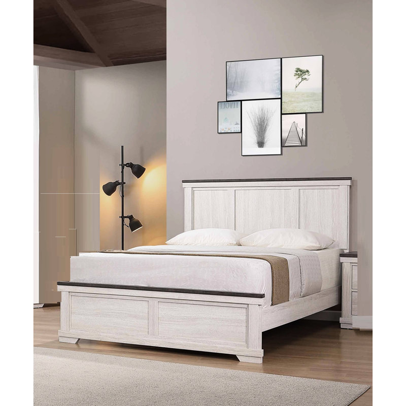 & Strong Wooden Full Size Panel Bed In Rustic Style, Antique White Brown