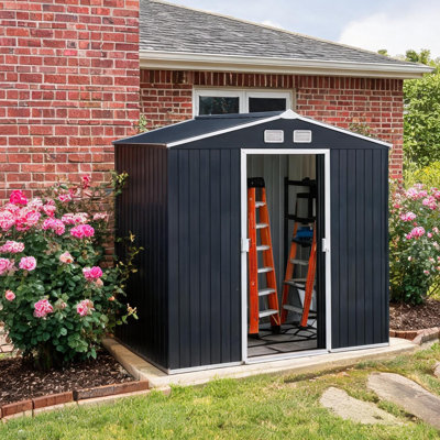 Slate Gray Galvanized Steel Storage Shed with Double Sliding Doors and Foundation Kit, 109 Inch Wide Outdoor Tool Room