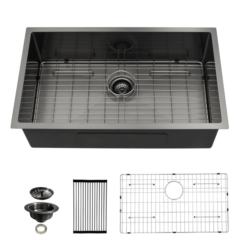 Évier de cuisine encastré à simple cuve en acier inoxydable noir 28 po x l 18 po avec accessoires